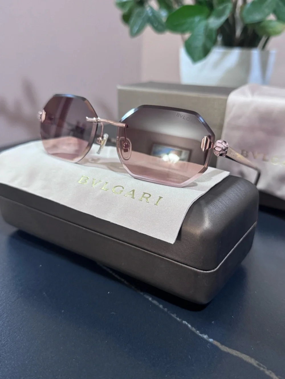Bulgari Rose-Tint Octagonal Rimless Sunglasses - Picture 10 of 16